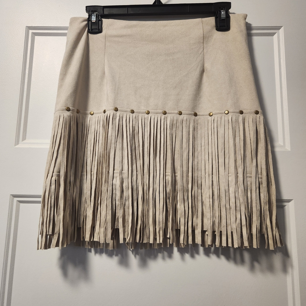 Elegant Beige Fringed Mini Skirt